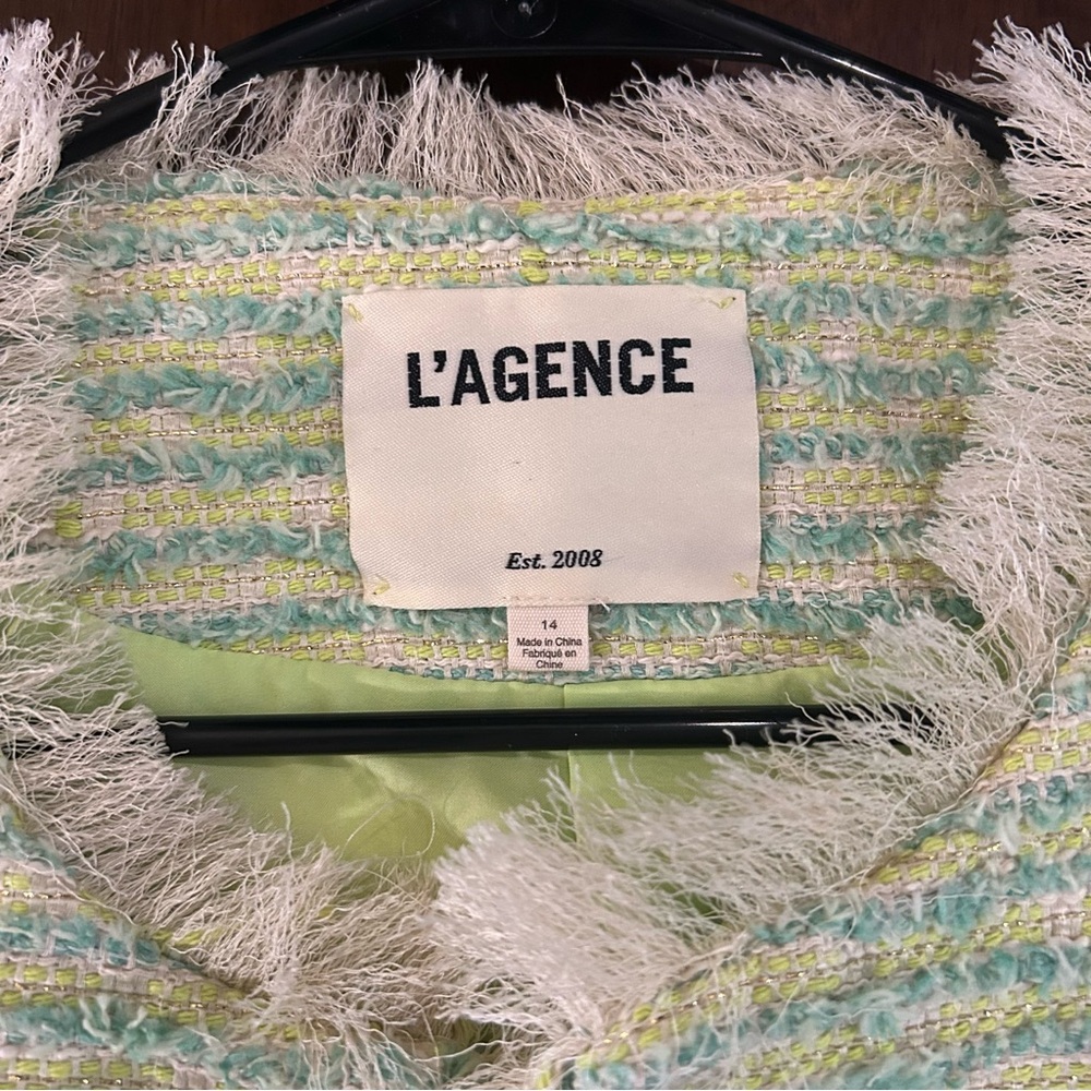 L'AGENCE Angelina Fray Tweed Jacket Open Front Blazer in Light Green Size 14 - Picture 5 of 16
